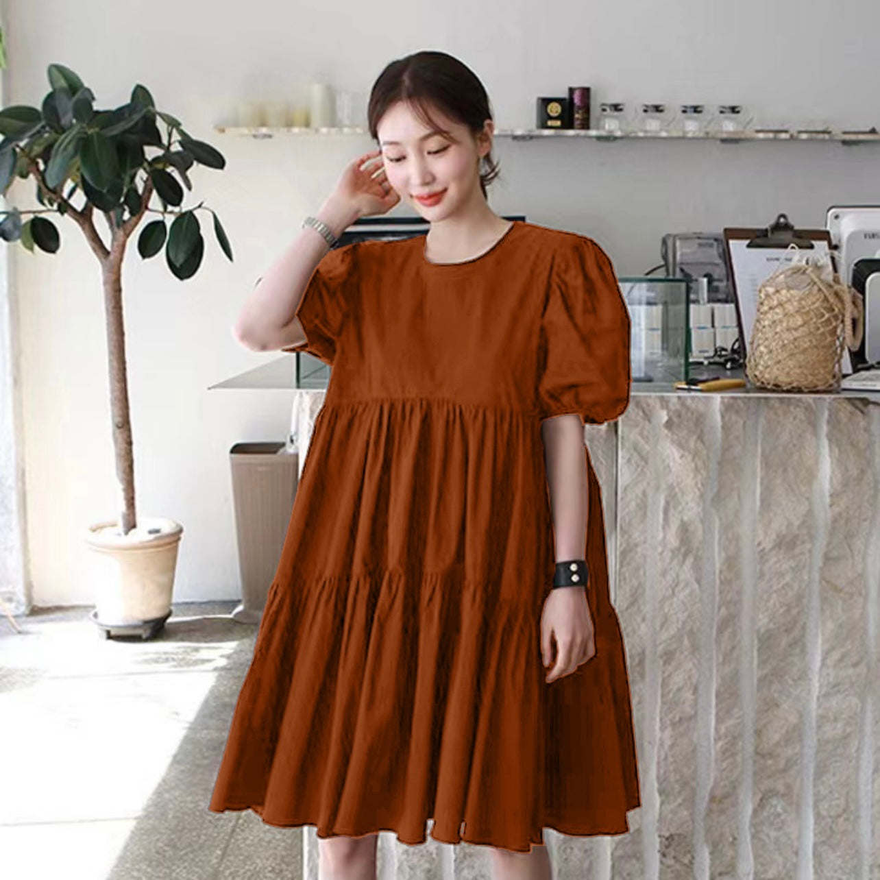 Elastic Sleeve Flounce Solid Loose Babydoll Dress