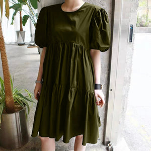 Elastic Sleeve Flounce Solid Loose Babydoll Dress