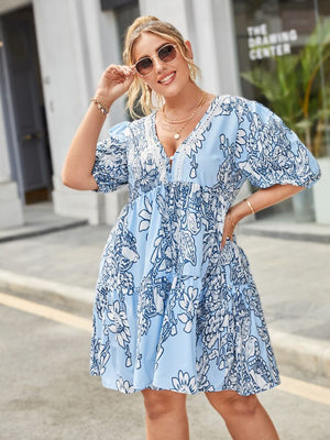 Embroidery Lace Detail Button-up Puff Sleeve Flounce Plus Size Babydoll Dress