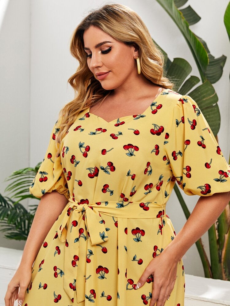 Sweetheart Neck Self Belt Puff Sleeve Cherry Plus Size Dress