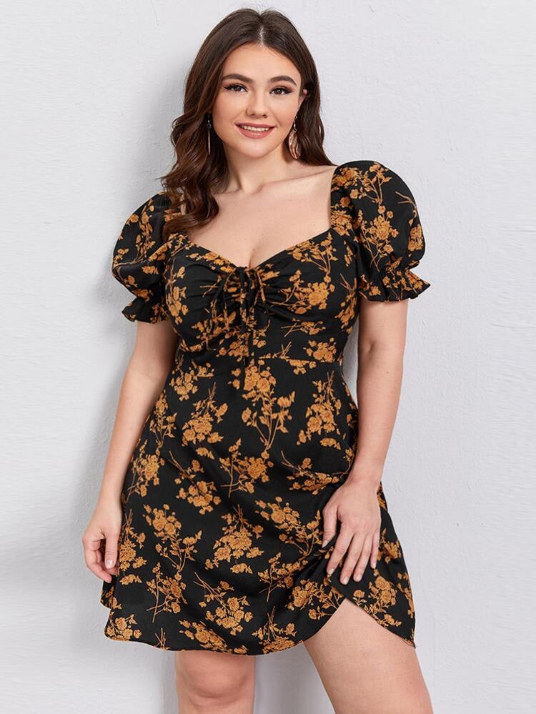 Sweetheart Neckline Puff Sleeve Floral Plus Size Dress