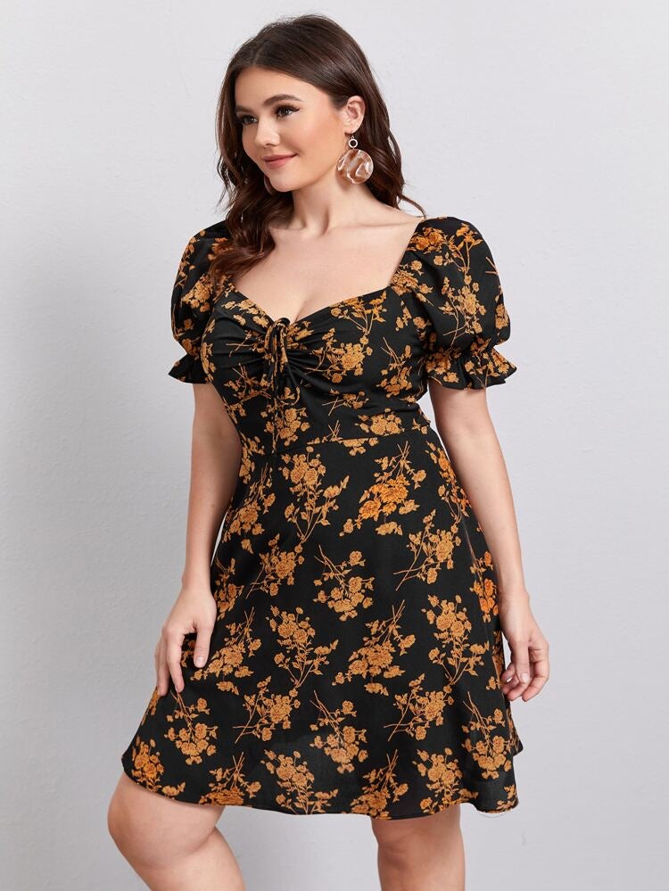 Sweetheart Neckline Puff Sleeve Floral Plus Size Dress