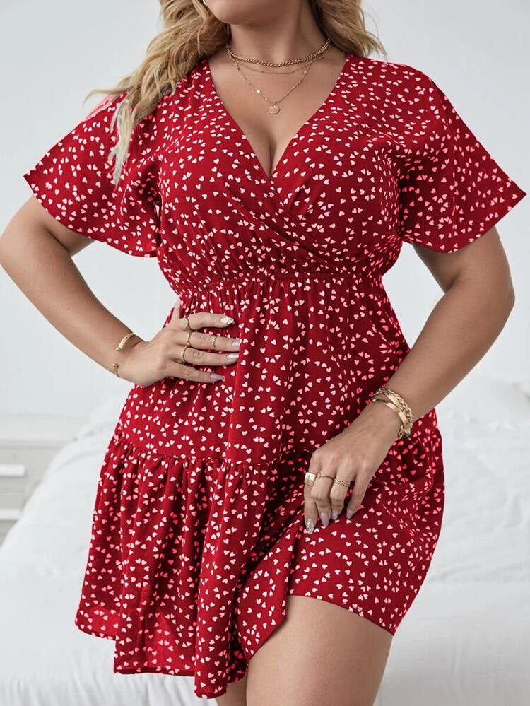 Heart Pattern Surplice Garter Waist Plus Size Dress