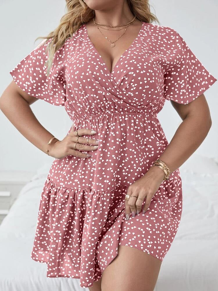 Heart Pattern Surplice Garter Waist Plus Size Dress