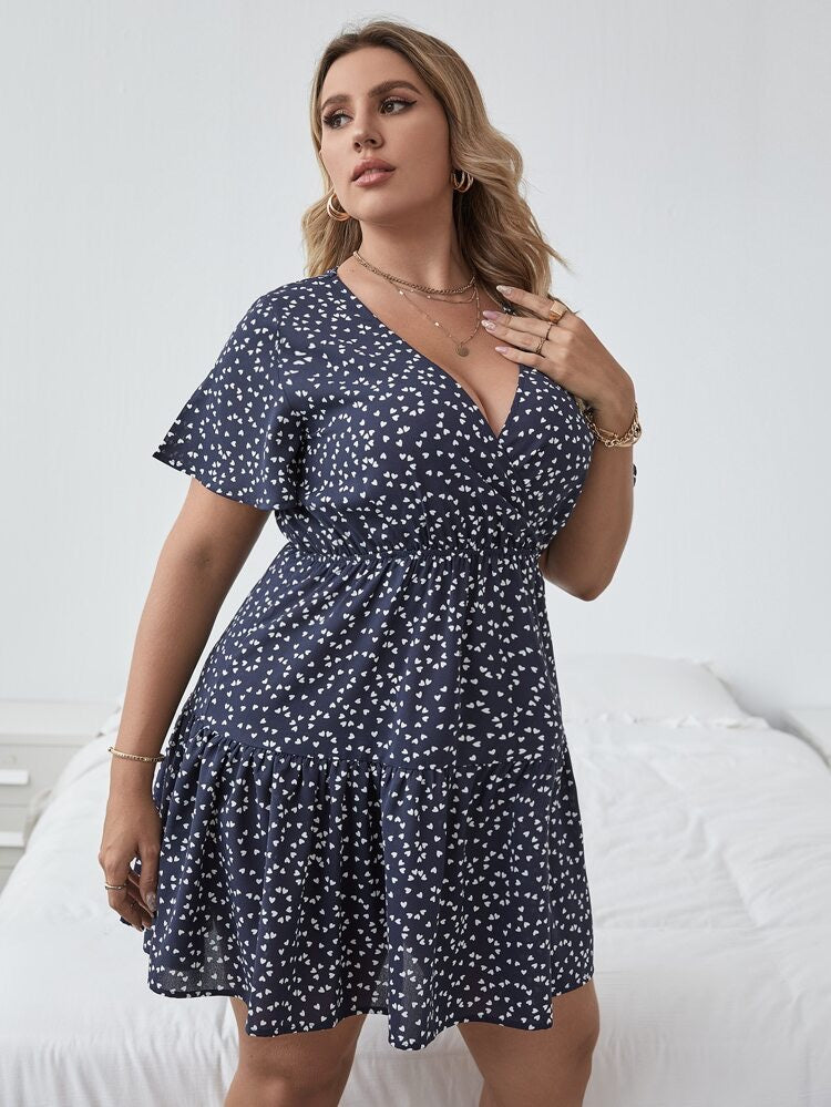 Heart Pattern Surplice Garter Waist Plus Size Dress