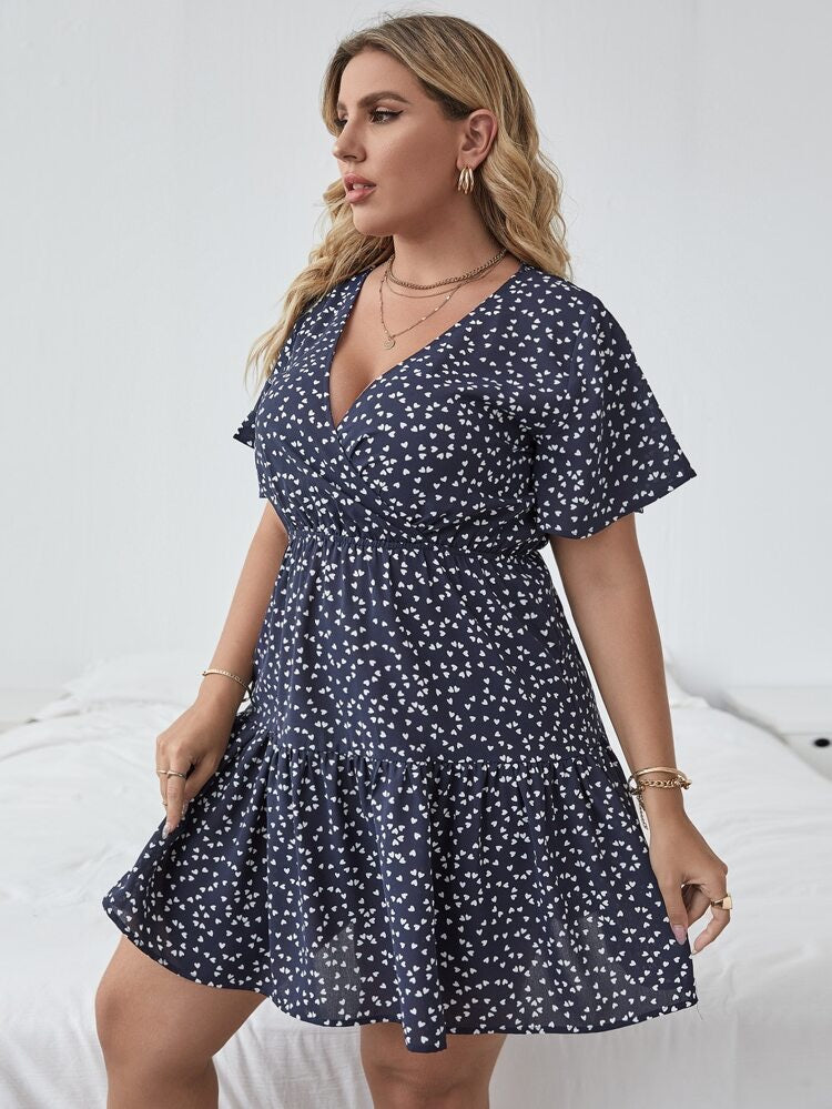 Heart Pattern Surplice Garter Waist Plus Size Dress