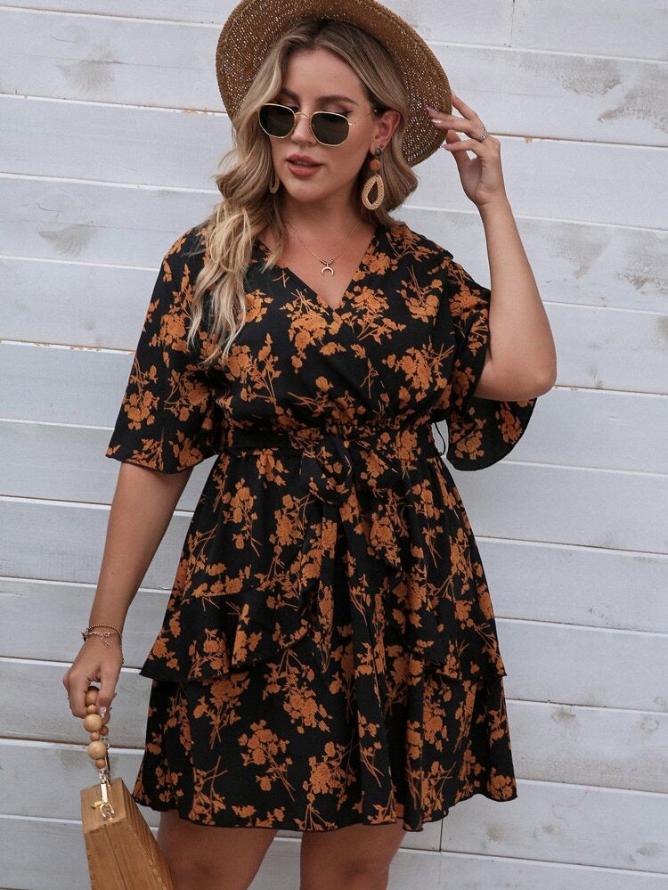 Elegant Floral Self Belt Double Ruffle Hem Surplice V-neck Plus Size Dress