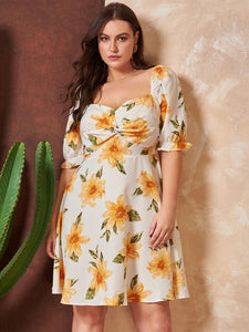 Twisted Bust Elastic Cuff Vintage Floral Plus Size Dress