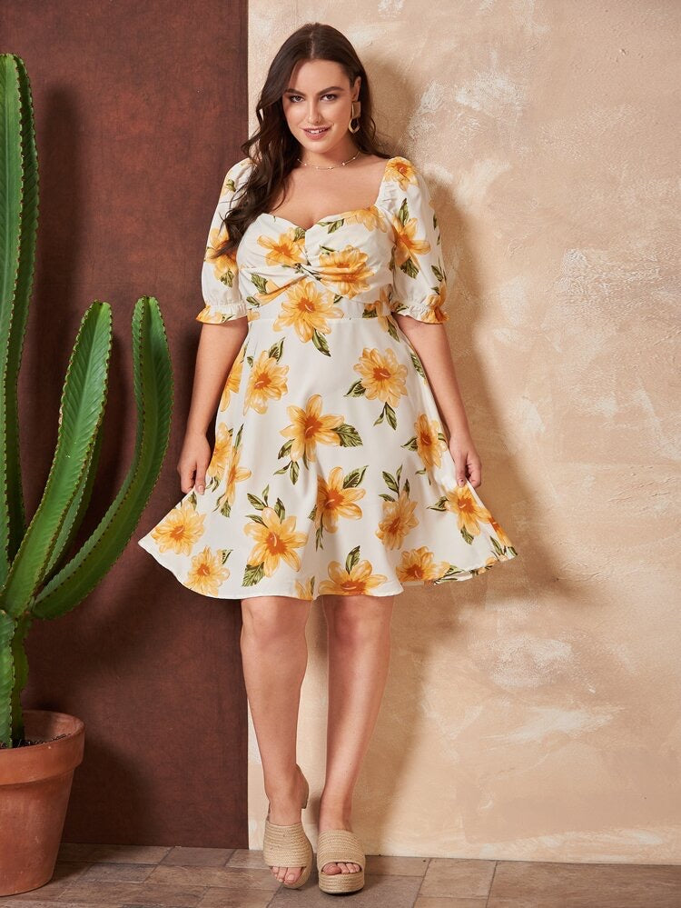 Twisted Bust Elastic Cuff Vintage Floral Plus Size Dress
