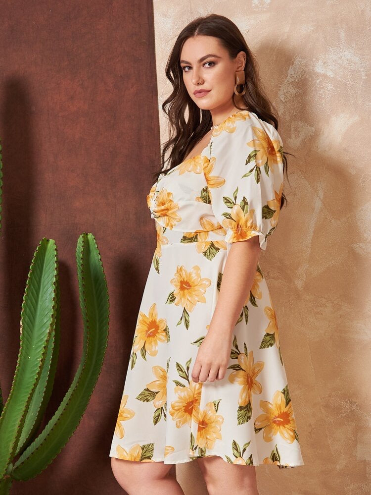 Twisted Bust Elastic Cuff Vintage Floral Plus Size Dress