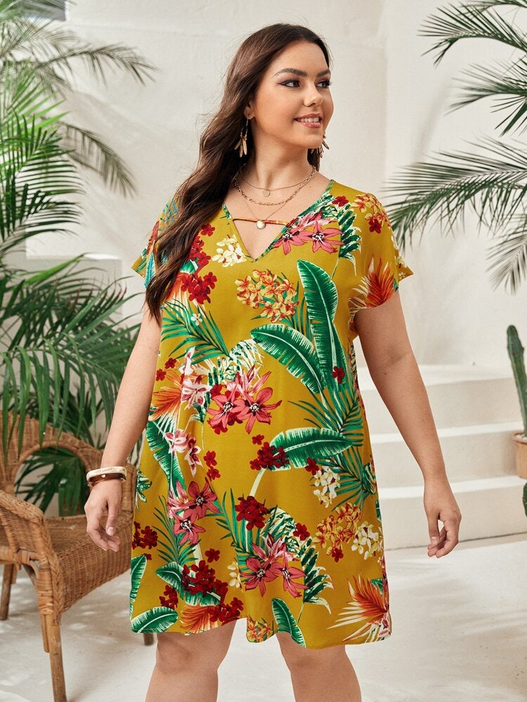 Simple Floral V-neck Batwing Sleeve Plus Size Dress