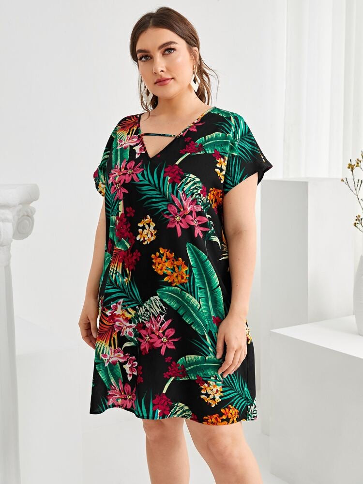 Simple Floral V-neck Batwing Sleeve Plus Size Dress