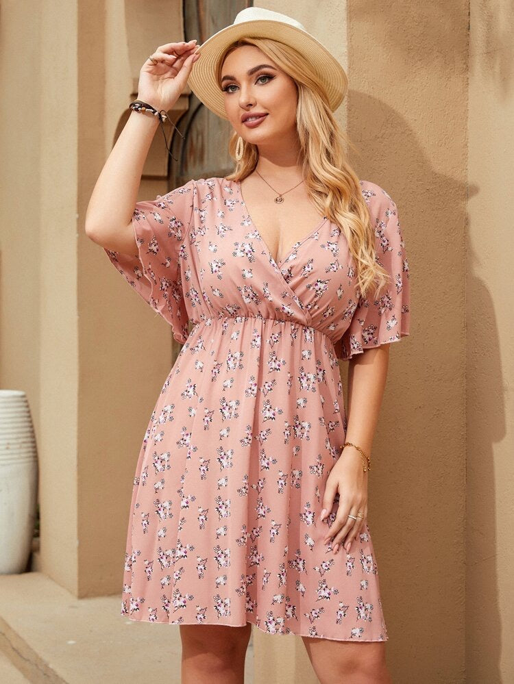 Surplice V-neck Garter Floral Plus Size Dress