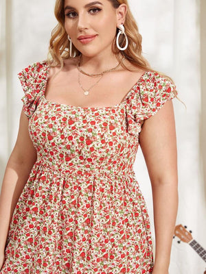 Square Neckline Ruffle Sleeve Ditsy Floral Plus Size Babydoll Smock Dress