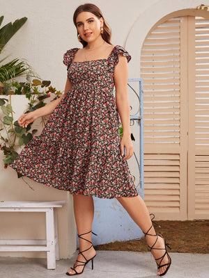 Square Neckline Ruffle Sleeve Ditsy Floral Plus Size Babydoll Smock Dress