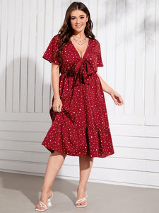 Polka Dot Front Tie V-neck Ruffle Hem Plus Size Dress