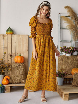 Ditsy Floral Puff Sleeve Square Neck Smock Dress