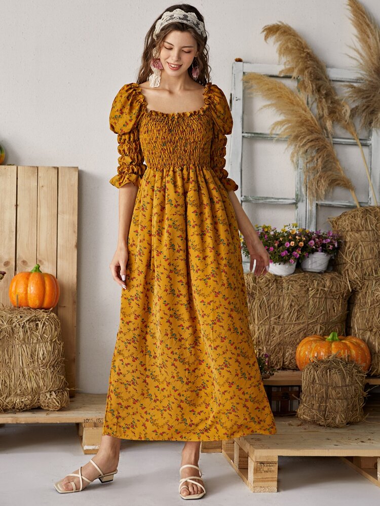 Ditsy Floral Puff Sleeve Square Neck Smock Dress