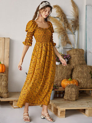 Ditsy Floral Puff Sleeve Square Neck Smock Dress