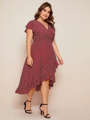 Ruffled Ditsy Floral Surplice Plus Size Dress