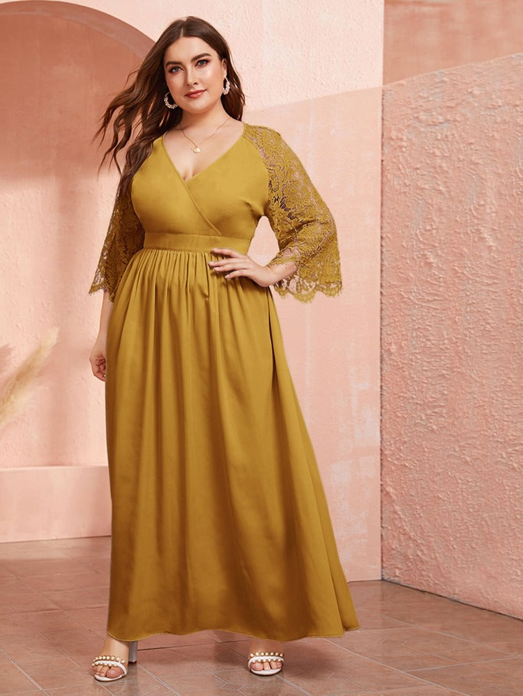 Embroidered Lace Sleeve Surplice Plus Size Dress