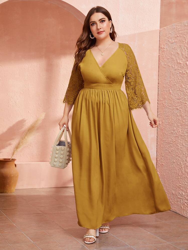 Embroidered Lace Sleeve Surplice Plus Size Dress