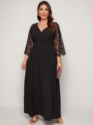 Embroidered Lace Sleeve Surplice Plus Size Dress