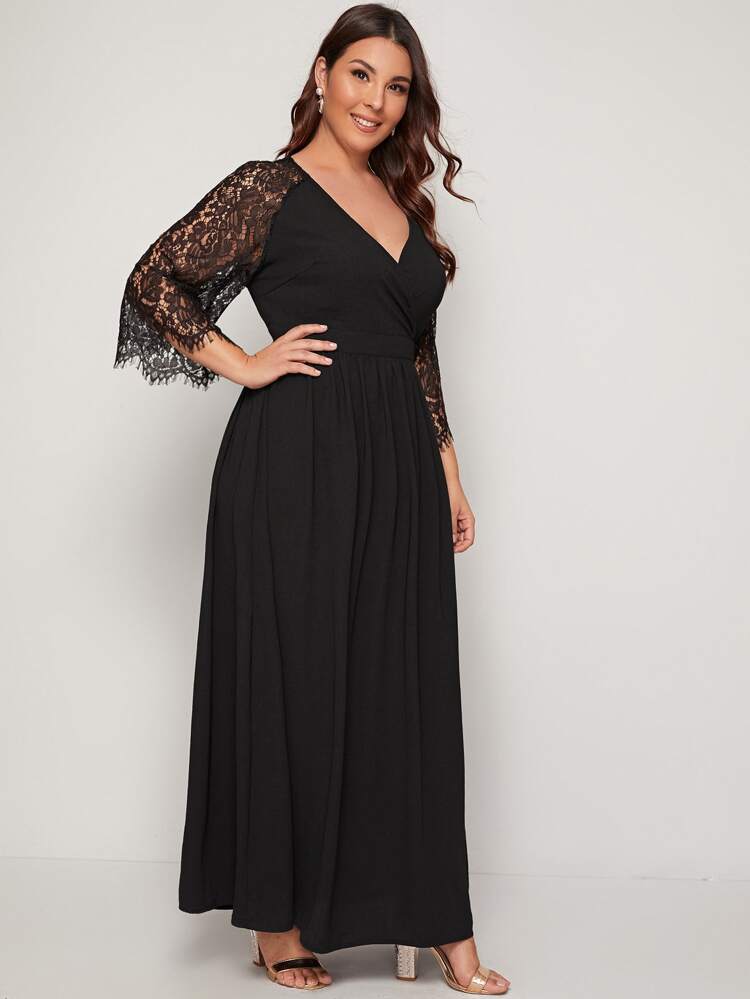 Embroidered Lace Sleeve Surplice Plus Size Dress