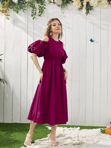 Cold Shoulder Ruched Puff Sleeve Solid Dress