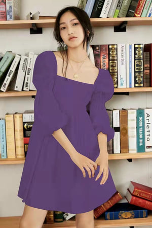 Square Neck Elastic Puff 3/4 Sleeve Solid Babydoll Dress