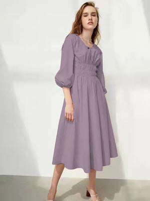Stitching Shirred Waist 3/4 Sleeve Solid Dress