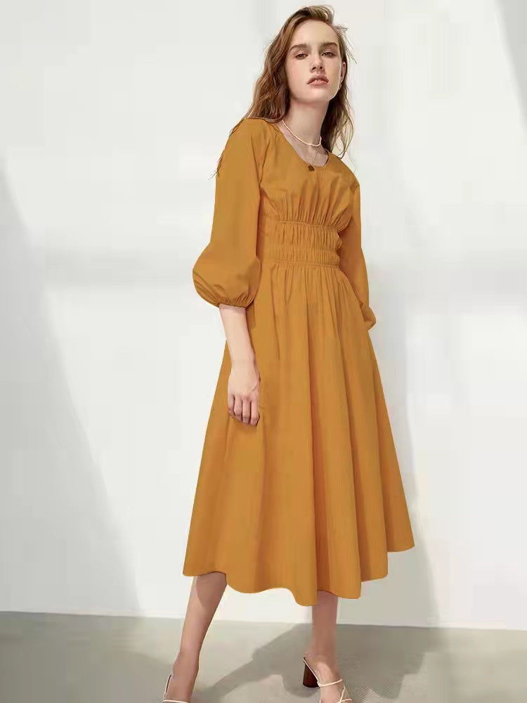 Stitching Shirred Waist 3/4 Sleeve Solid Dress