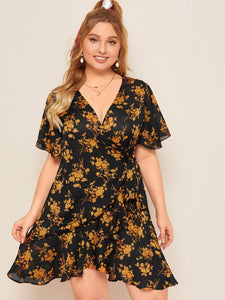 Floral Ruffled Plus Size Wrap Dress