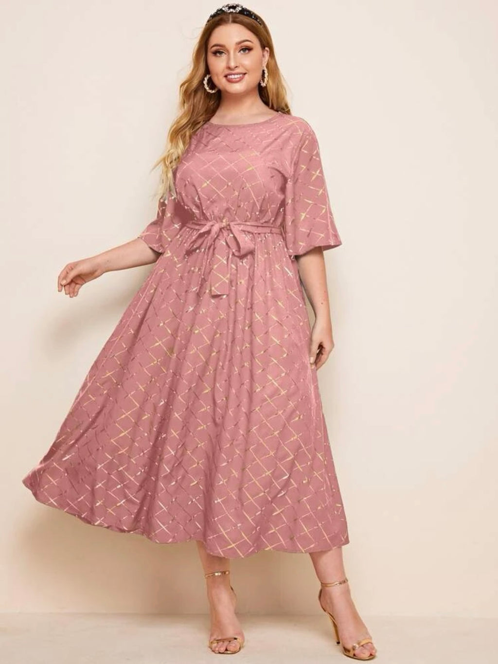 Gold Print Mid-sleeve Self Belt Plus Size Dress