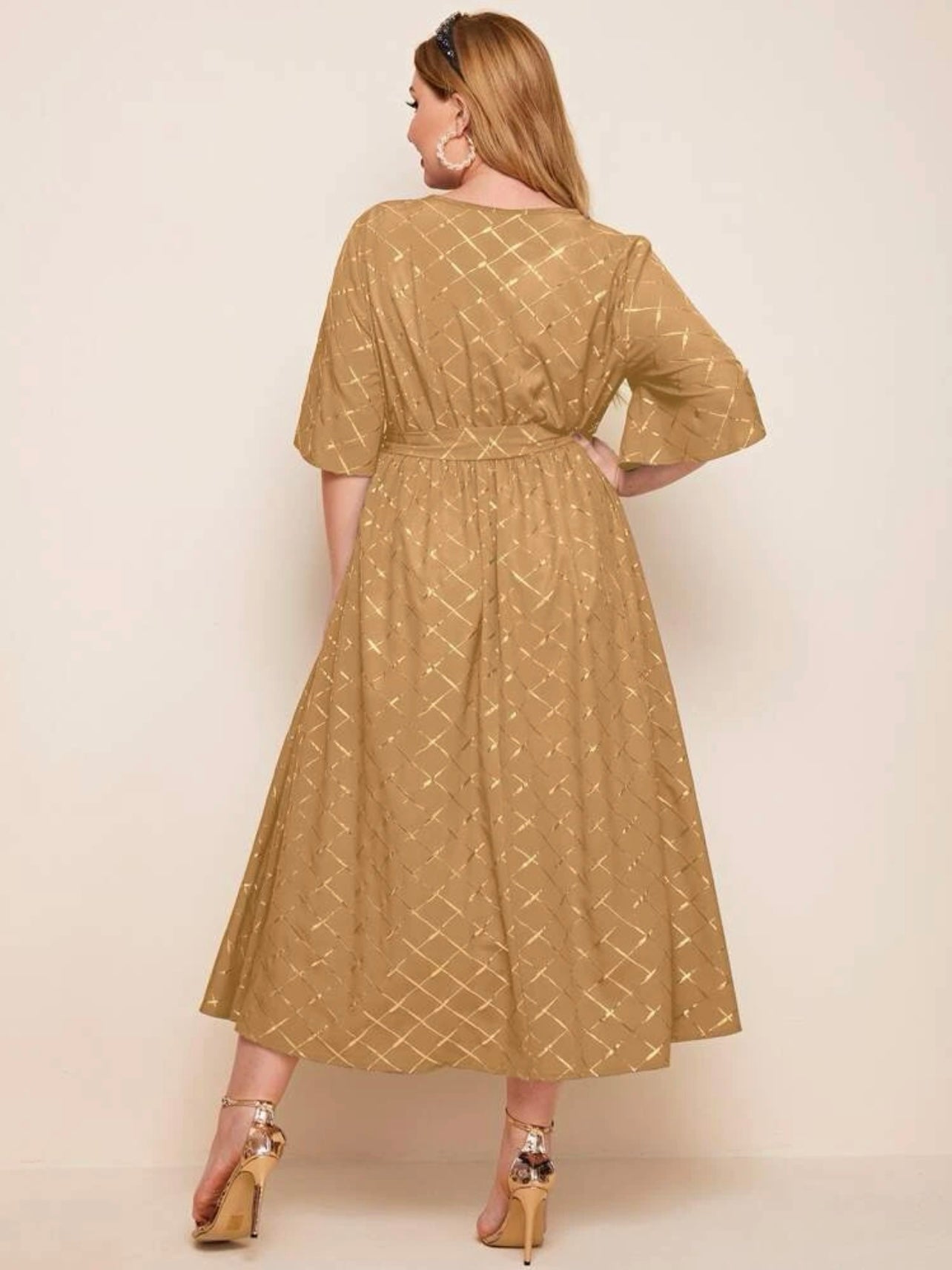 Gold Print Mid-sleeve Self Belt Plus Size Dress