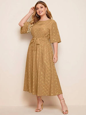 Gold Print Mid-sleeve Self Belt Plus Size Dress