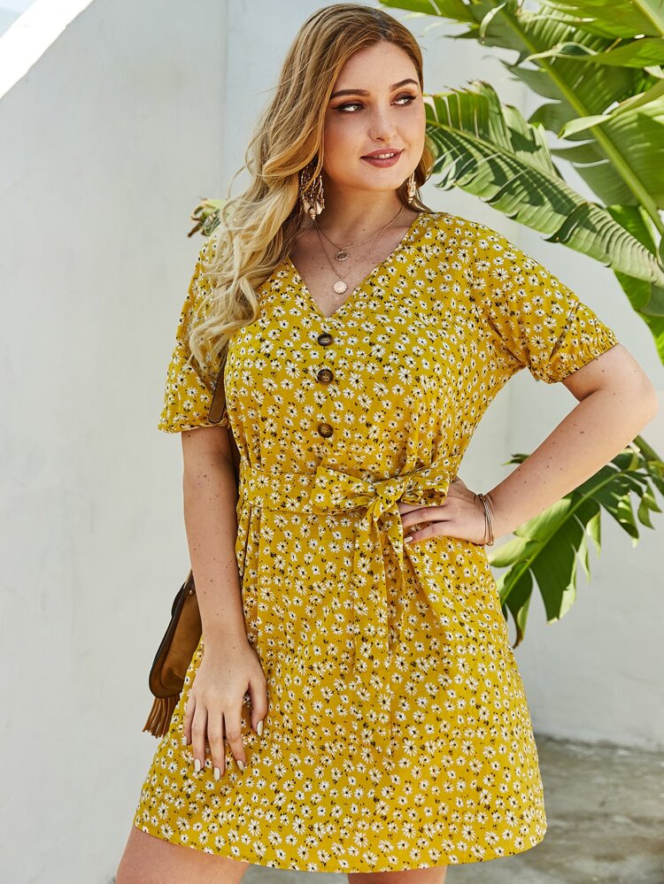 Button Down Self Belt Plus Size Dress