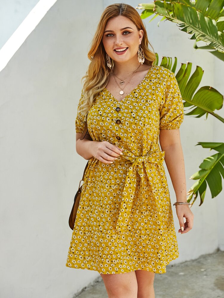 Button Down Self Belt Plus Size Dress