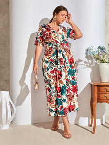 Pleated Bowknot Vintage Floral Plus Size Dress