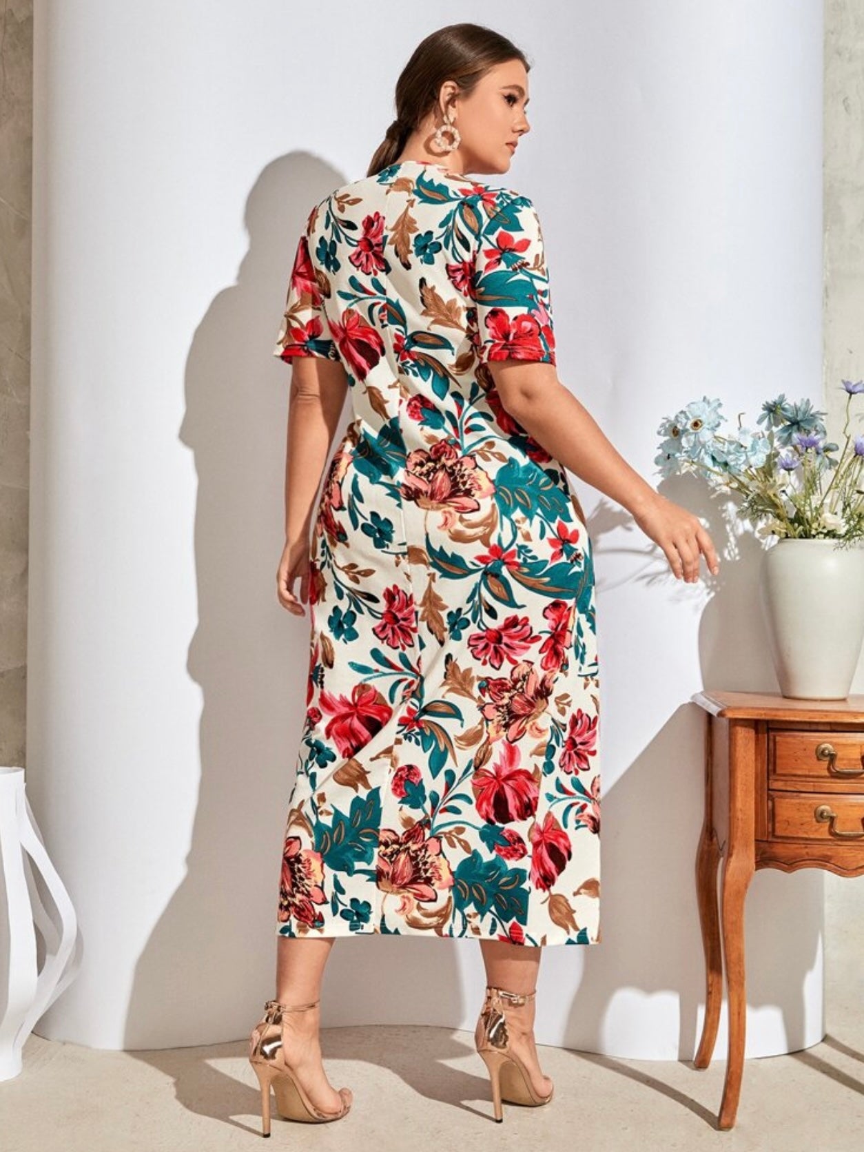 Pleated Bowknot Vintage Floral Plus Size Dress