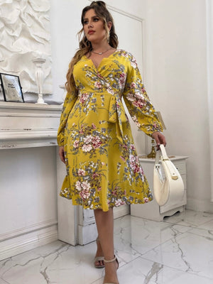 Floral Long Sleeve Surplice V-neck Self Belt Plus Size Dress