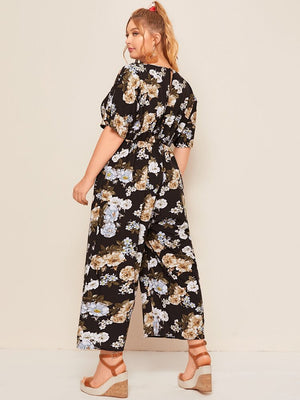 Front Bowknot Floral Plus Size Jumpsuit