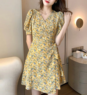 Ditsy Floral Puff Sleeve Wrap Dress