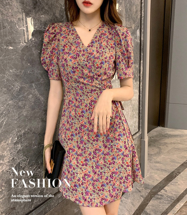 Ditsy Floral Puff Sleeve Wrap Dress