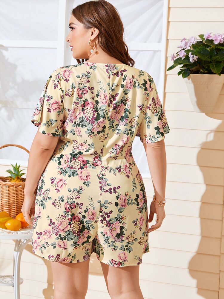 Floral Zipped V-neck Ruffled Sleeve Plus Size Romper / Jumpsuit