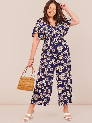 Daisy Floral Shirred Waist V-neck Plus Size Jumpsuit
