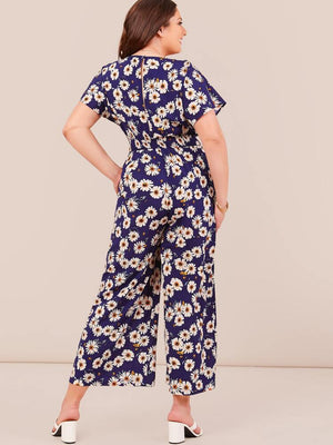 Daisy Floral Shirred Waist V-neck Plus Size Jumpsuit