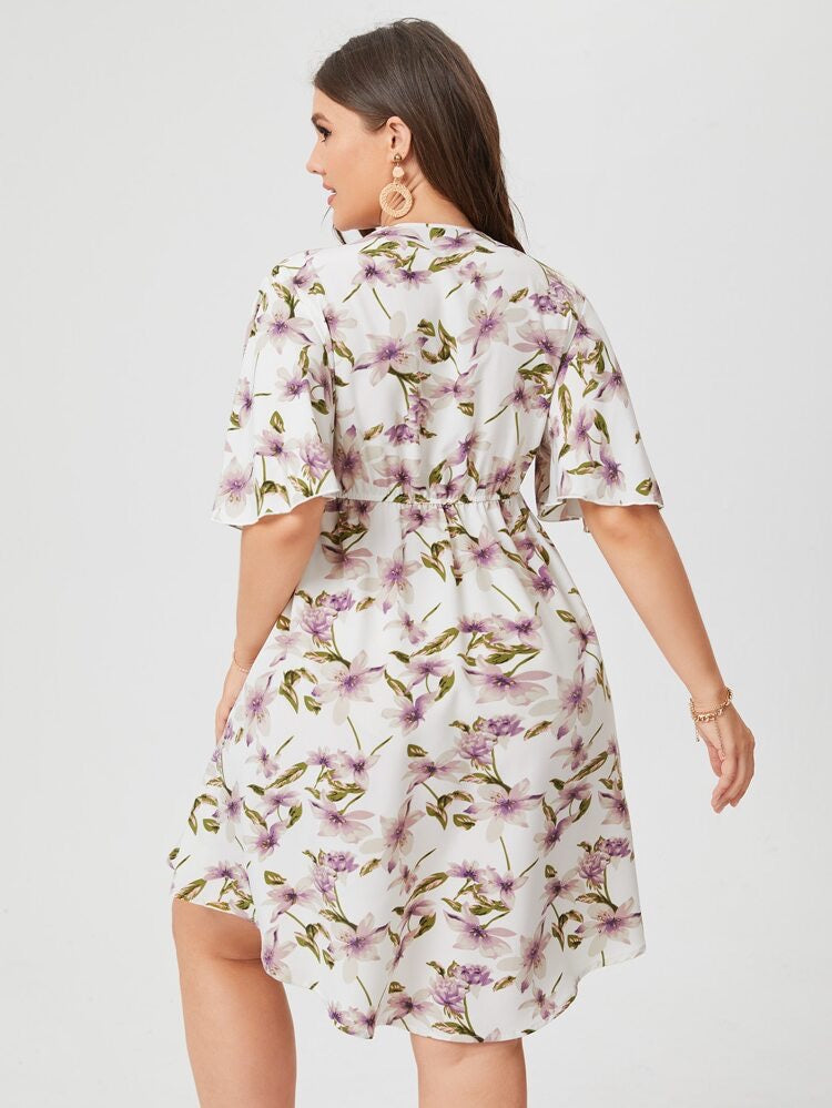 Floral V-neck Oversize Sleeve Plus Size Dress