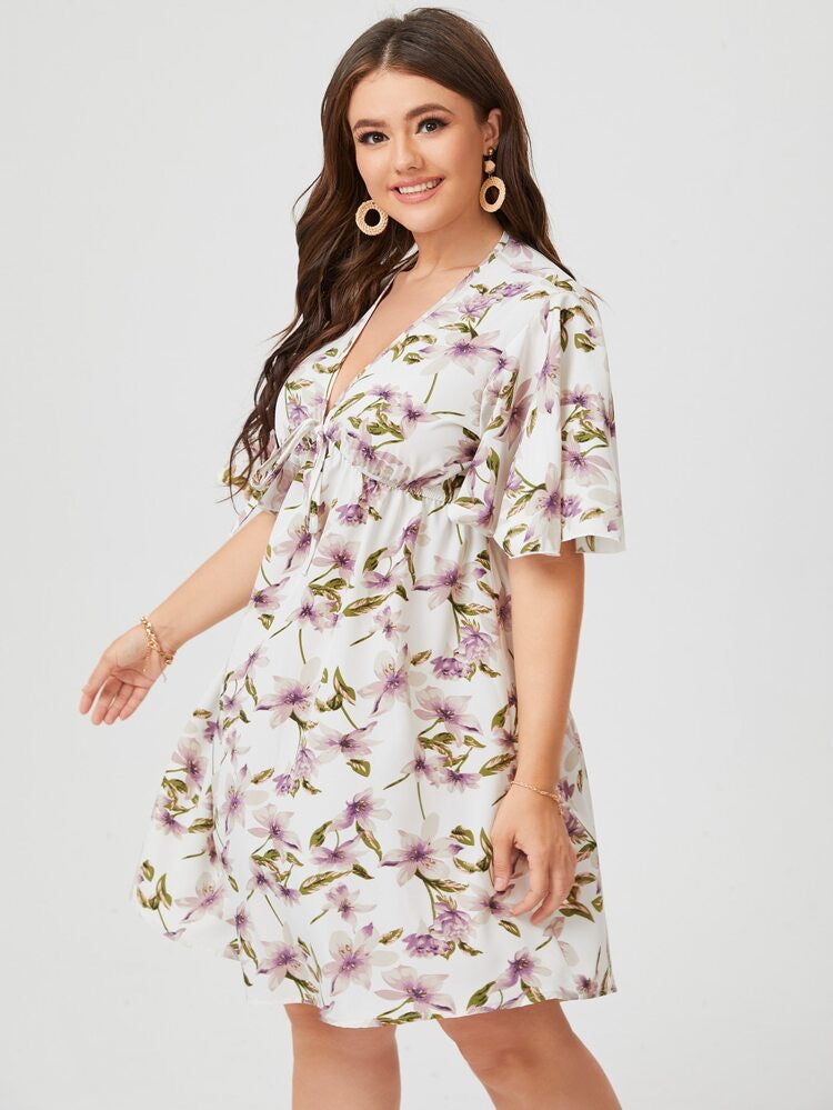 Floral V-neck Oversize Sleeve Plus Size Dress