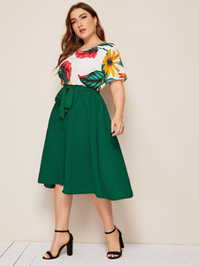 Plant Floral Color Block Tie Waist Plus Size Combo Dress